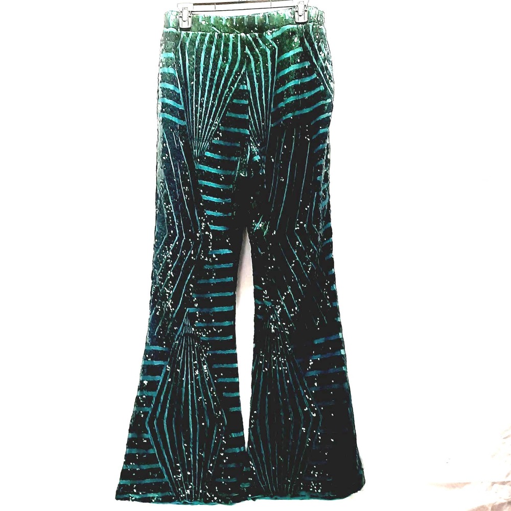 NEW Green Bell Bottoms Women High Waist Wide Leg Palazzo Bling Sequin Flared  XL